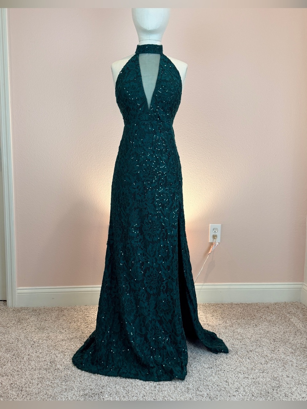 Sequin Hearts Hunter Emerald Green Sequin Lace Halter Dress Size 5